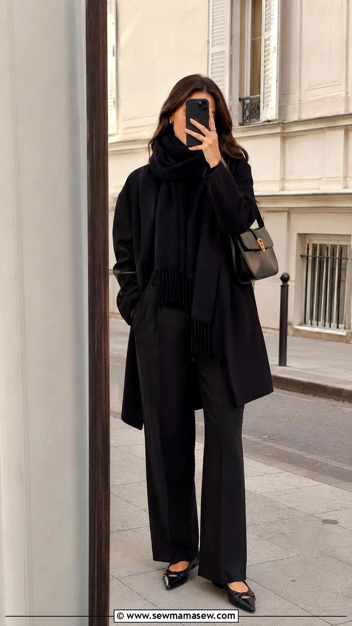 Scarf Coat with Black Tailored Trousers and Pointed Flats - 30 Parisian street style outfit ideas