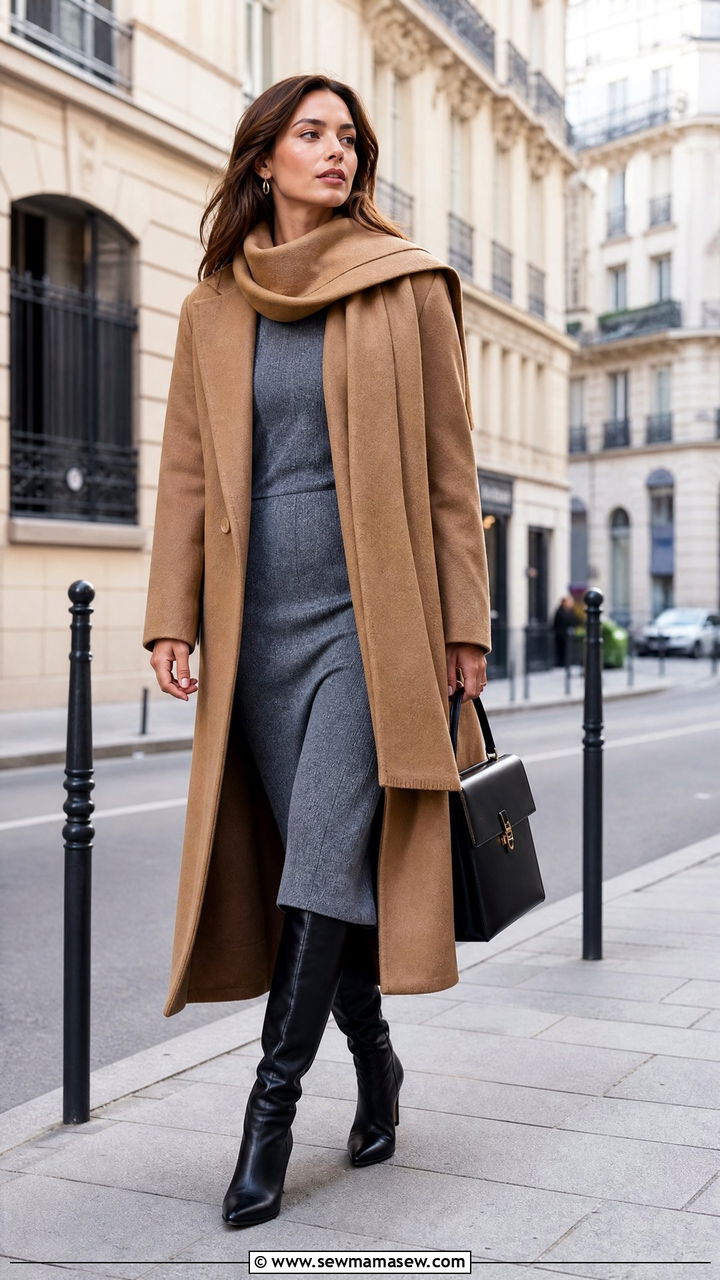 Scarf Collar Coat With Knit Dress And Knee High Boots - 25 French girl outfit ideas 2026
