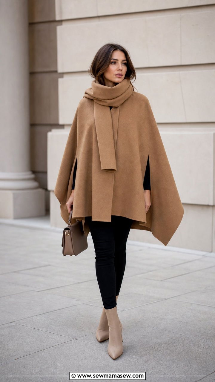 Scarf Detail Cape Coat with Skinny Pants and Sock Boots - 35 Cape coat outfit ideas