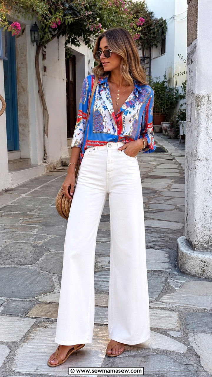 Scarf Print Blouse and White Wide Leg Denim - 40 spring aesthetic outfit ideas