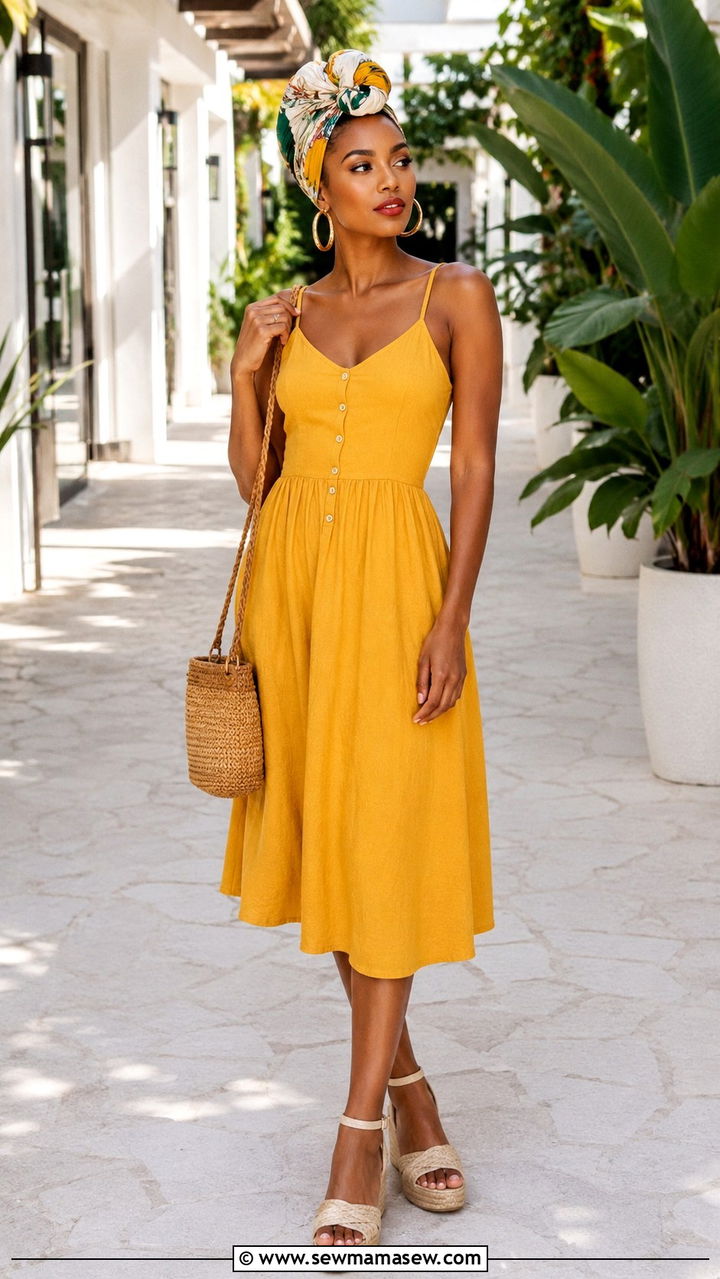 Scarf as a headwrap with sundress and espadrilles - 30 Spring outfits with scarves