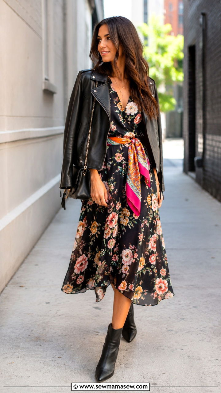 Scarf belt over a leather jacket and a midi dress - 30 Scarf belt outfit ideas