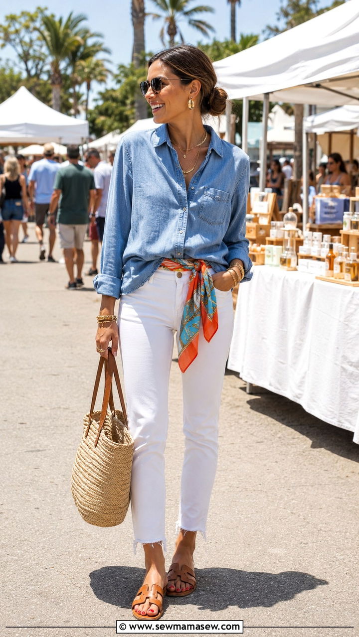 Scarf belt with a chambray shirt and white jeans - 30 Scarf belt outfit ideas