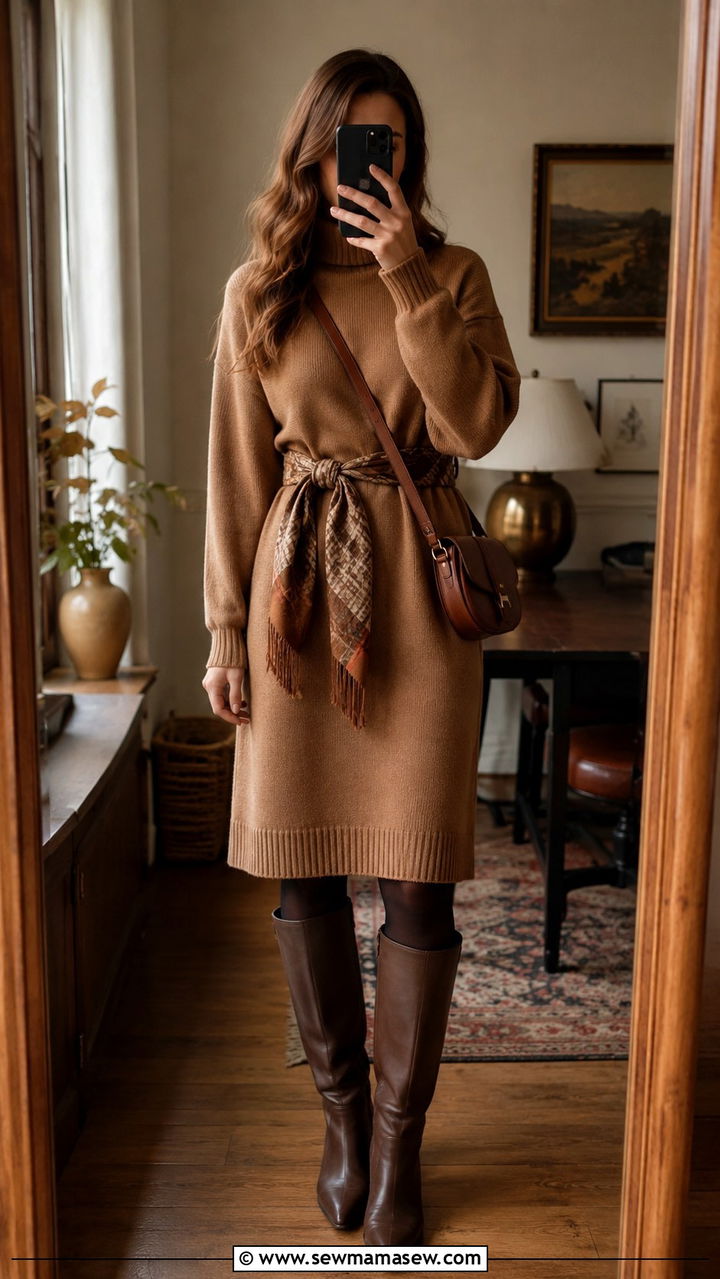 Scarf belt with a cozy sweater dress - 30 Scarf belt outfit ideas