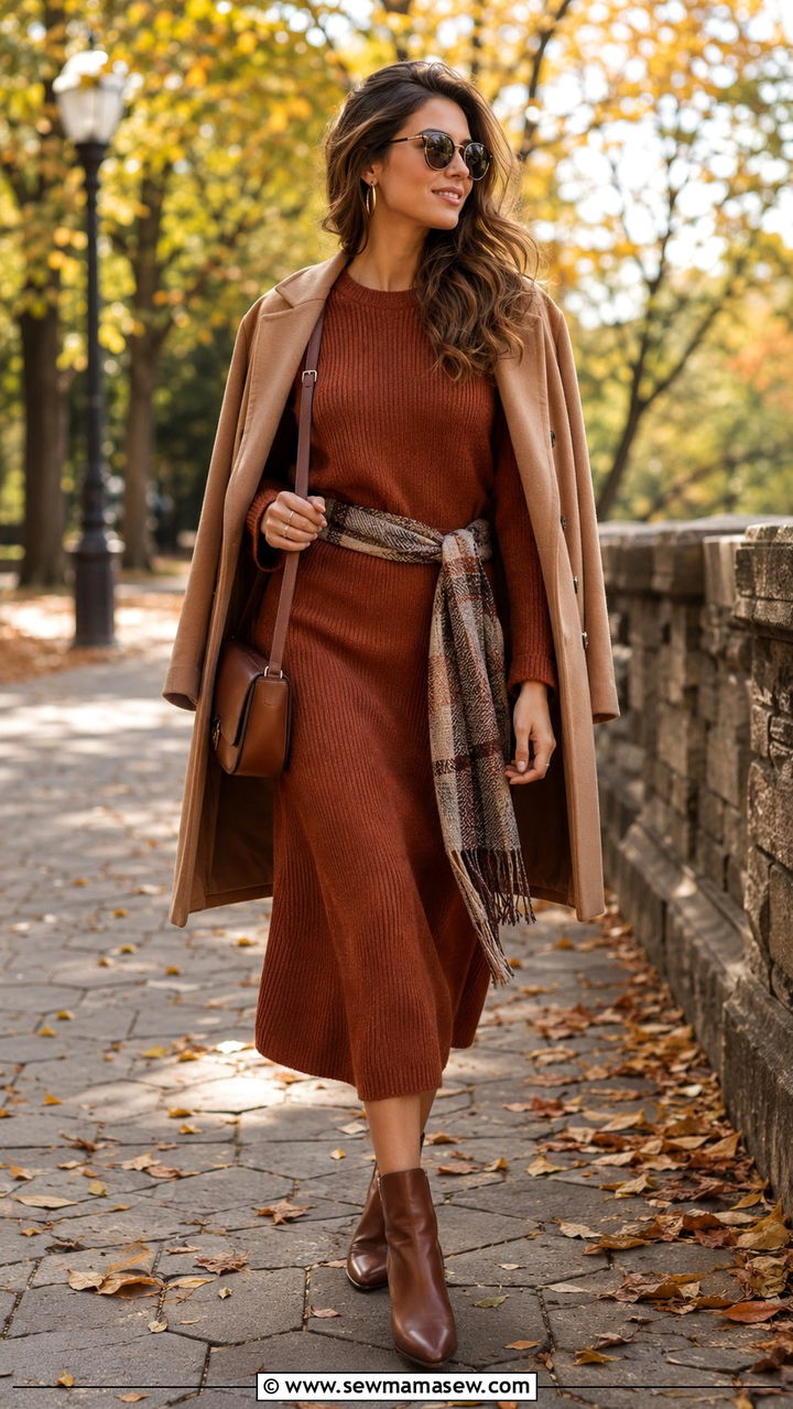 Scarf belt with a knit midi dress and ankle boots - 30 Scarf belt outfit ideas