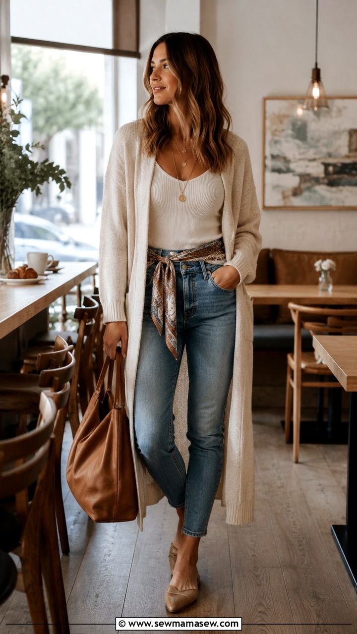 Scarf belt with a long cardigan and jeans - 30 Scarf belt outfit ideas