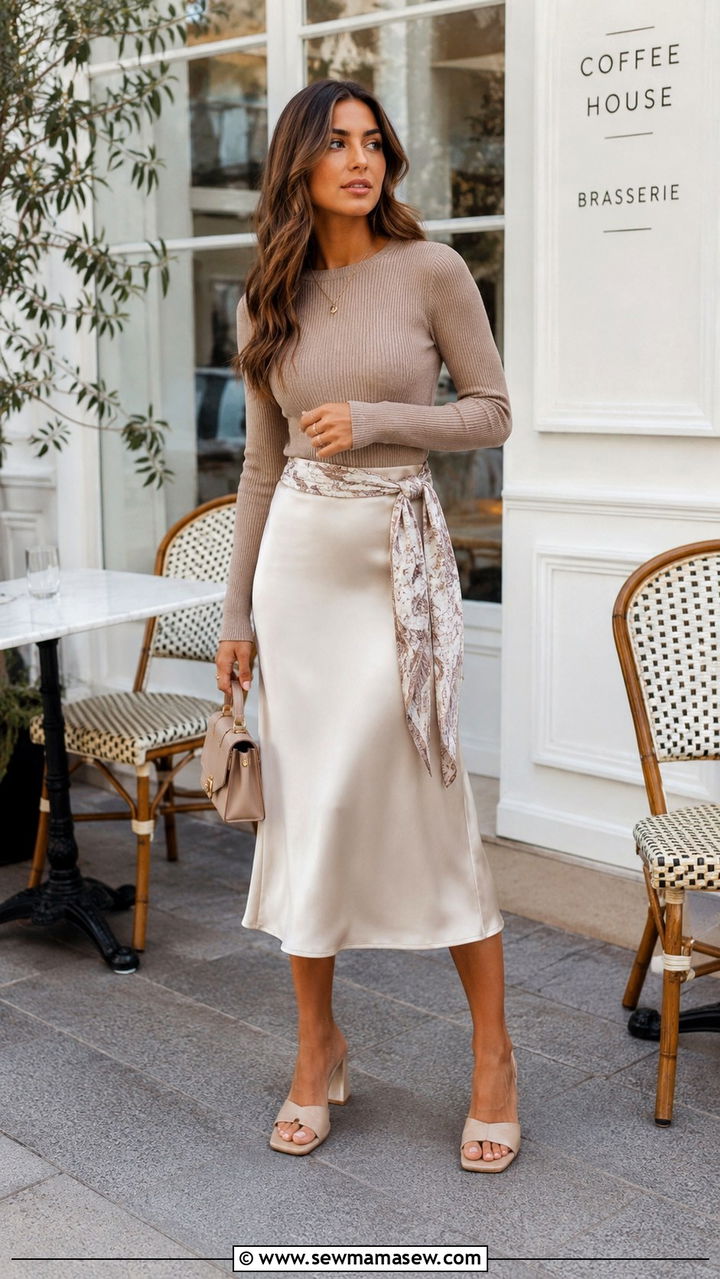 Scarf belt with a midi skirt and fitted knit top - 30 Scarf belt outfit ideas