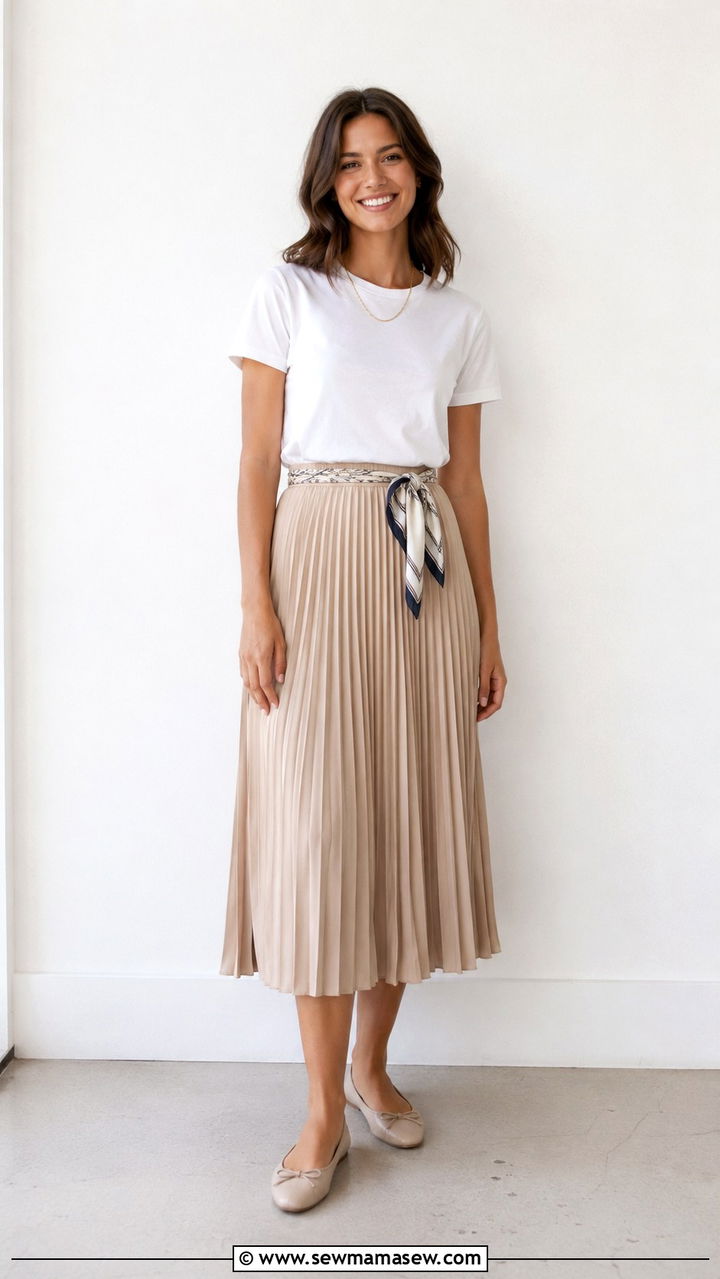 Scarf belt with a pleated skirt and a simple top - 30 Scarf belt outfit ideas