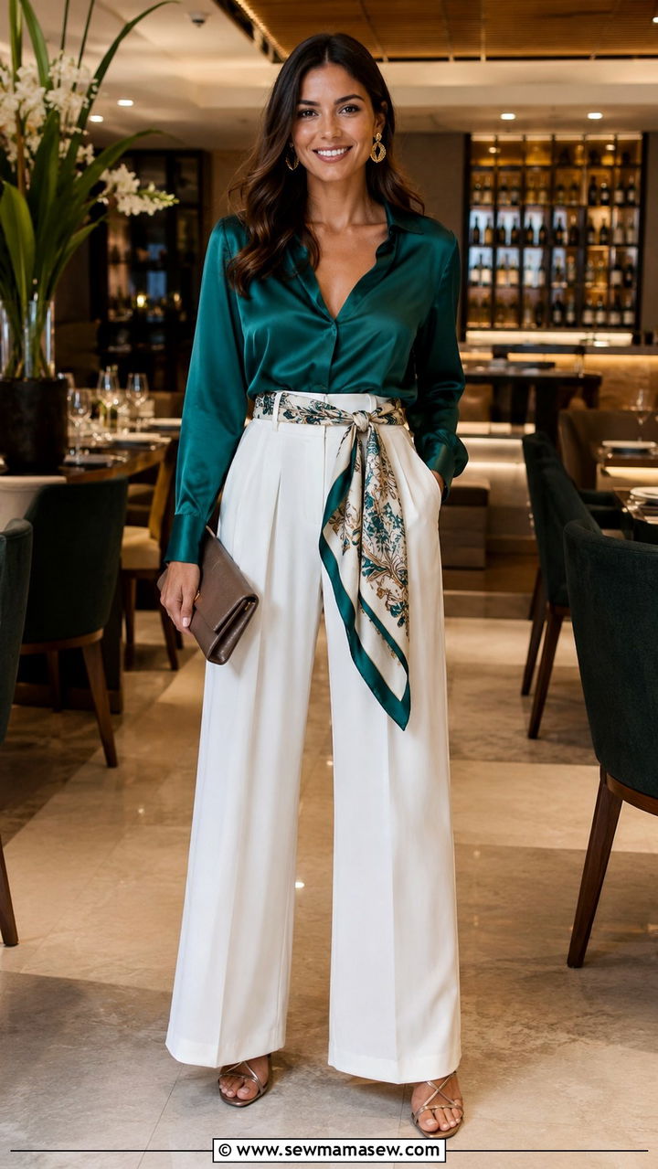 Scarf belt with a silk blouse and wide leg trousers - 30 Scarf belt outfit ideas
