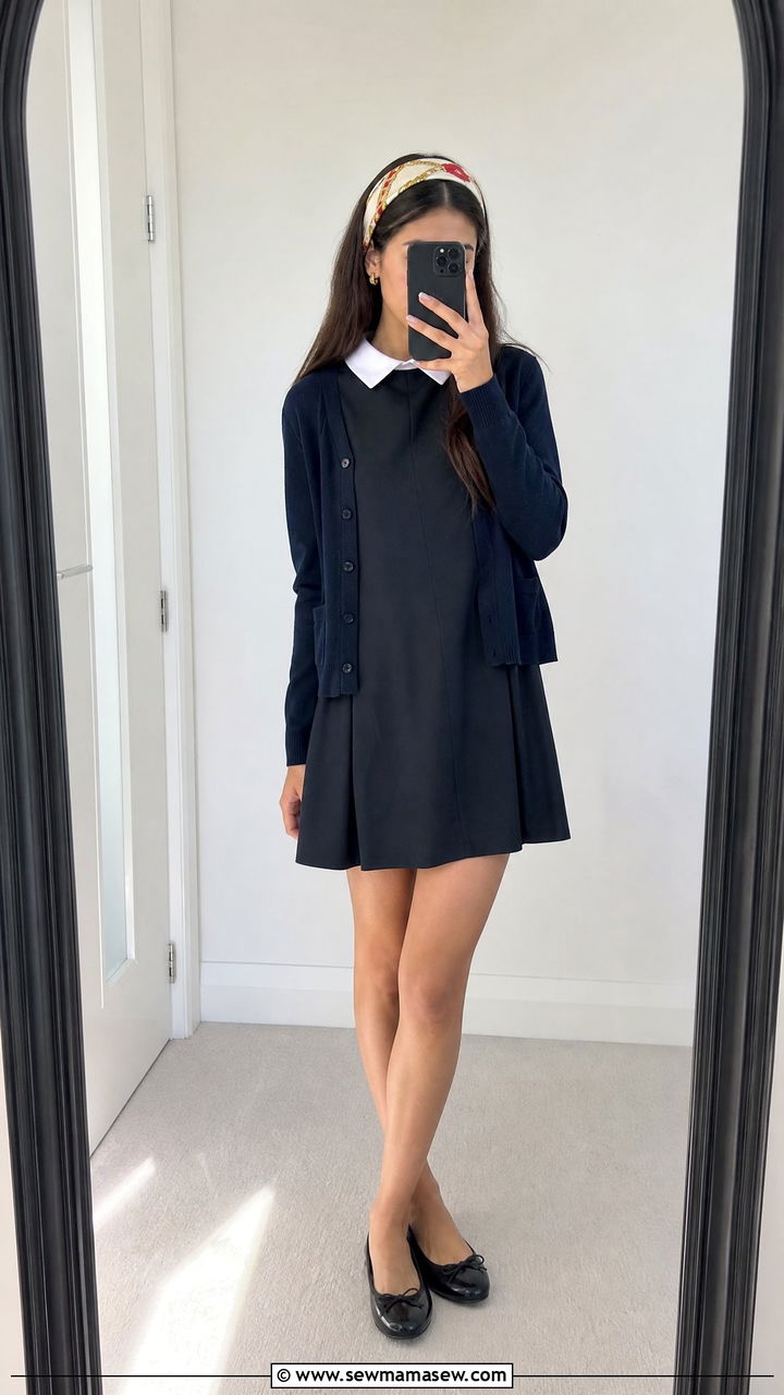 Scarf worn as headband with school uniform dress outfit - 30 School uniform hacks outfit ideas