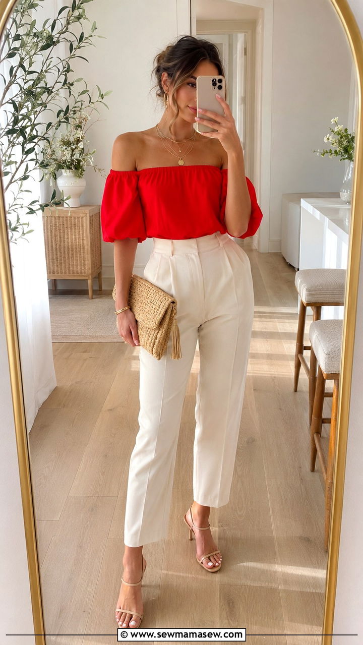 Scarlet Off Shoulder Top With High Rise Cream Trousers - 30 spring red outfit ideas