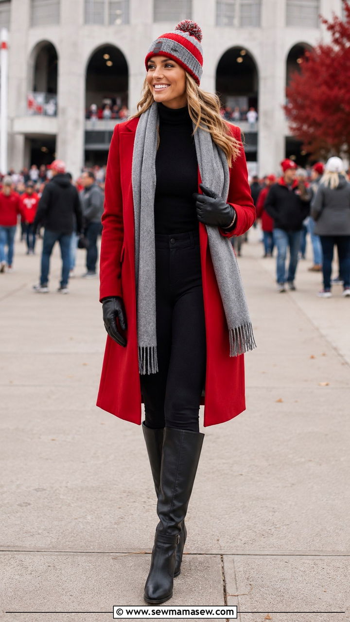 Scarlet wool coat outfit with black leggings for cold game day - 20 Gameday outfit ideas Ohio State