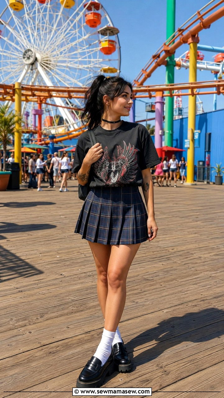 School Girl Plaid Skirt with a Graphic Tee - 30 spring streetwear outfit ideas