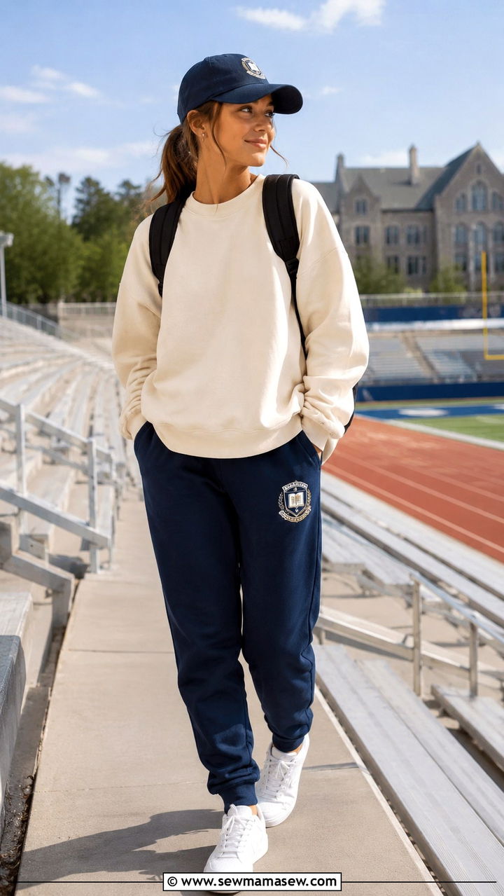 School Logo Sweatpants With Cream Sweatshirt And Baseball Cap - 30 School outfit ideas with sweatpants