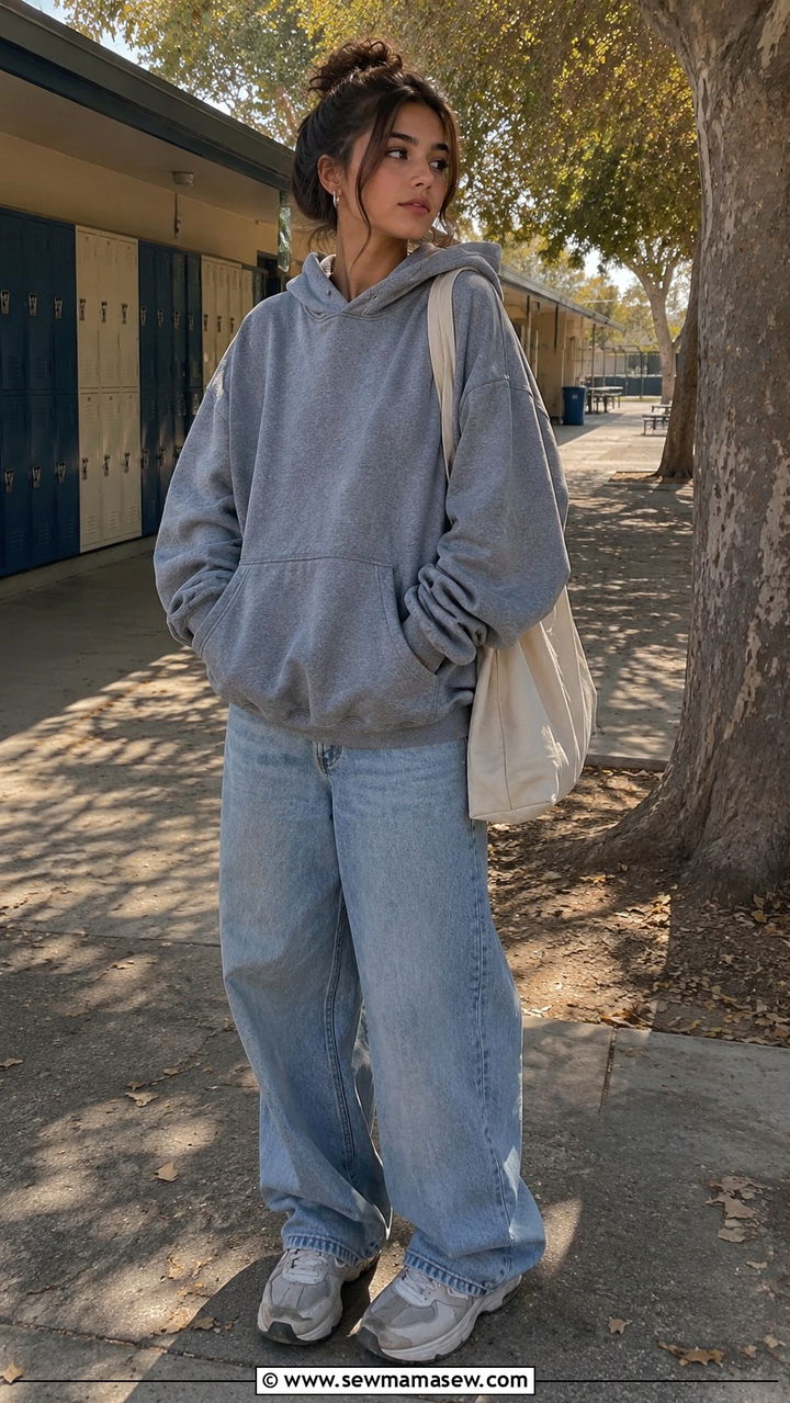 School Outfit with Baggy Jeans and Oversized Hoodie - 30 School outfit ideas with jeans