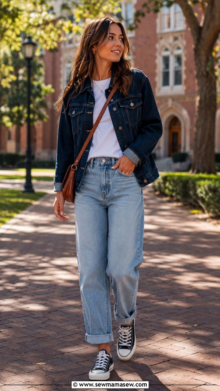 School Outfit with Boyfriend Jeans and Denim Jacket - 30 School outfit ideas with jeans