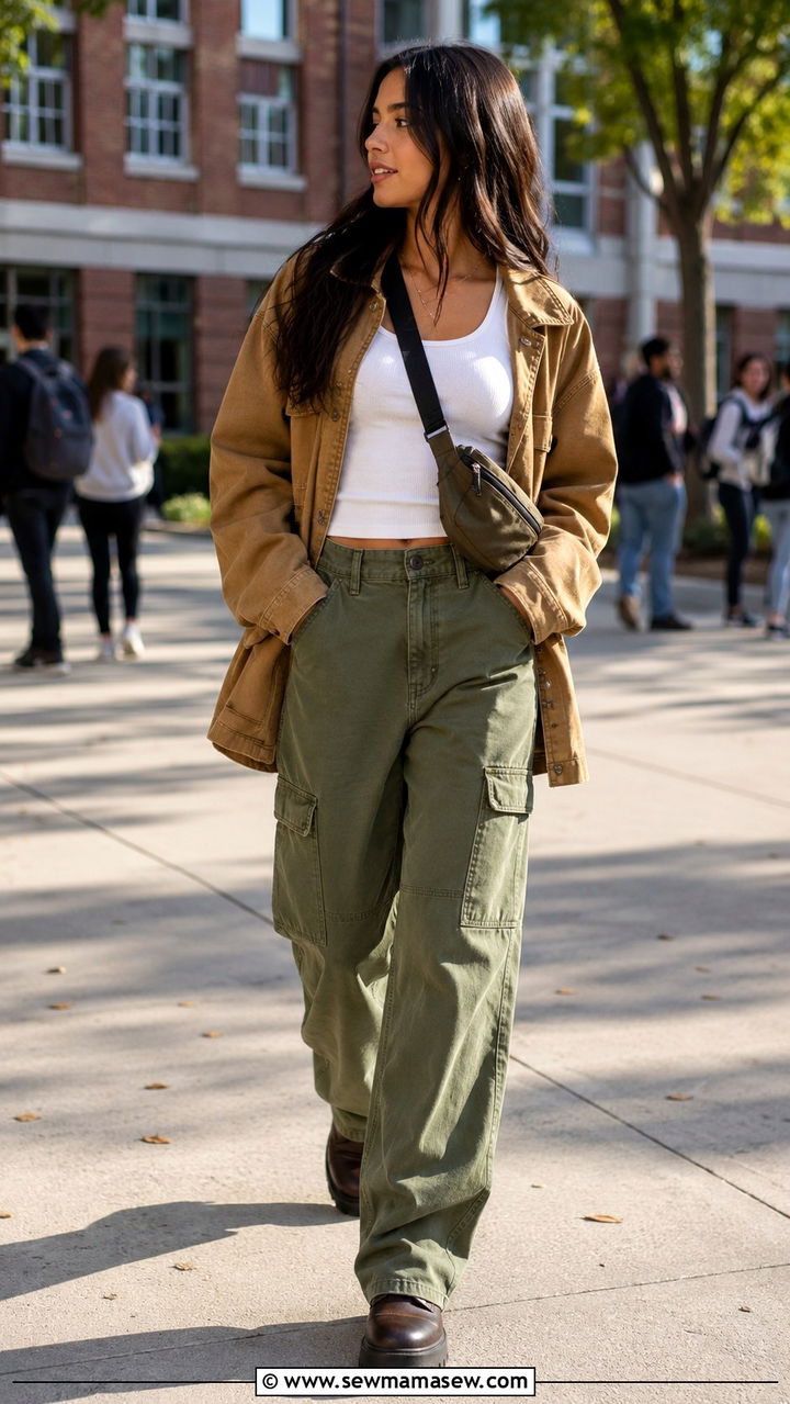 School Outfit with Cargo Jeans and Utility Jacket - 30 School outfit ideas with jeans