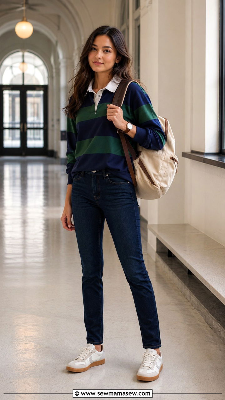 School Outfit with Dark Wash Jeans and Rugby Top - 30 School outfit ideas with jeans