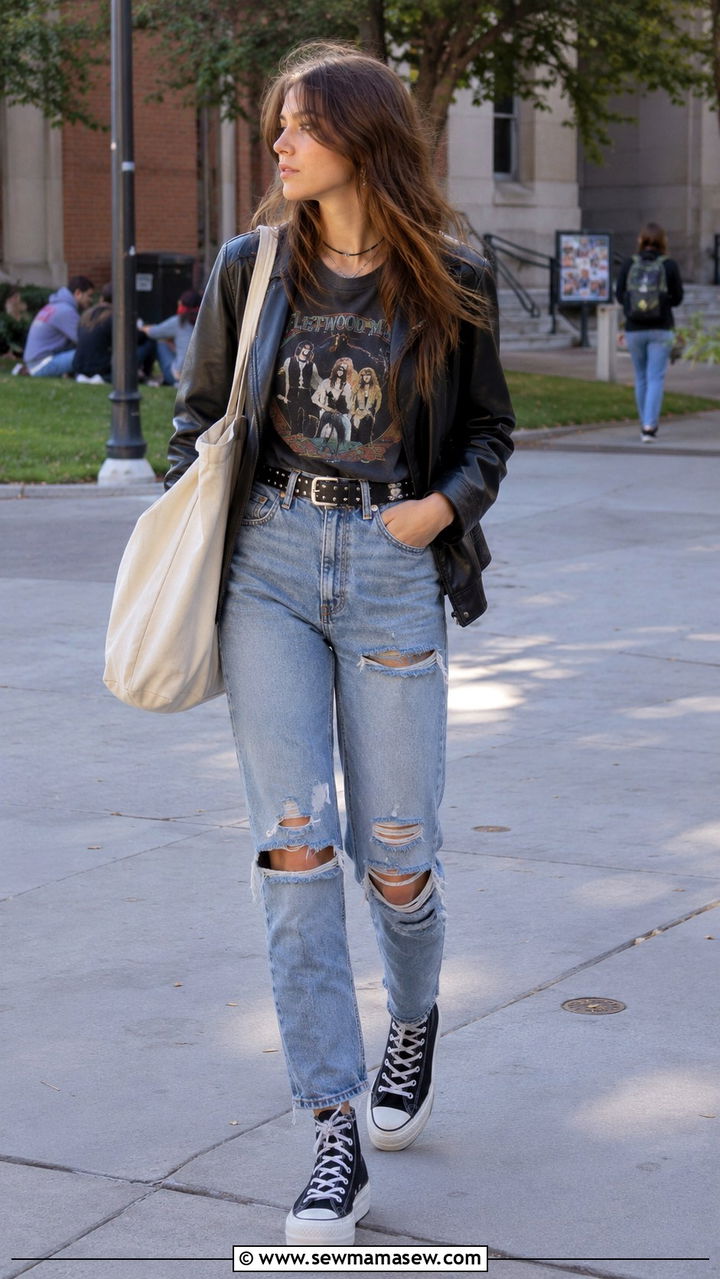 School Outfit with Distressed Jeans and Band Tee - 30 School outfit ideas with jeans