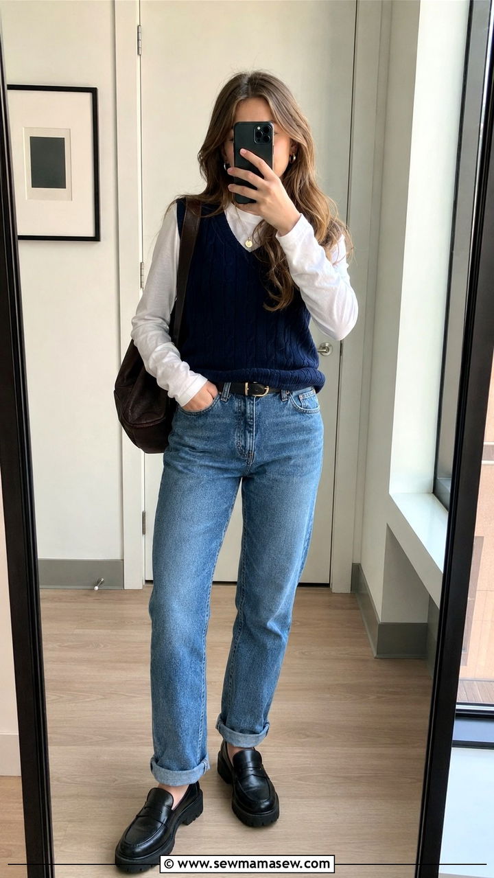 School Outfit with Girlfriend Jeans and Sweater Vest - 30 School outfit ideas with jeans