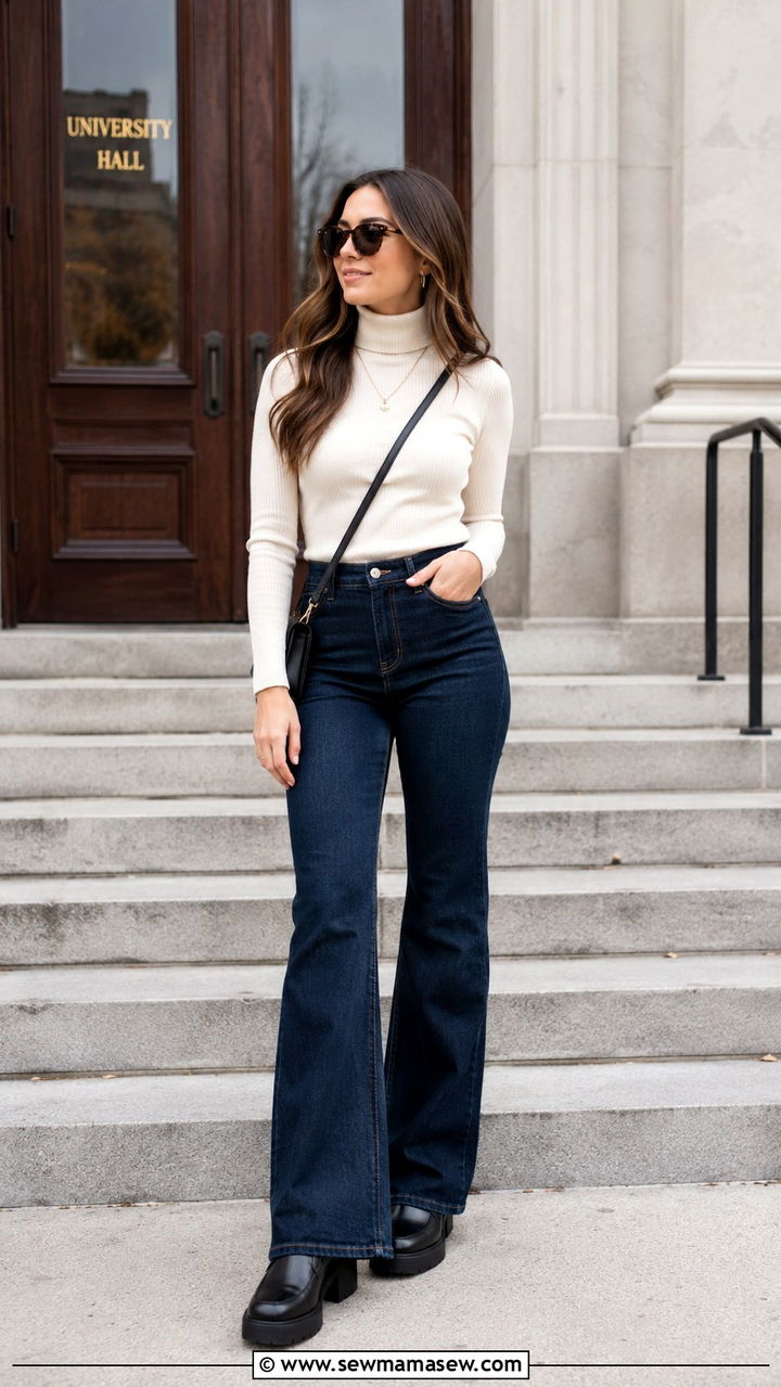 School Outfit with High Waisted Flare Jeans and Turtleneck - 30 School outfit ideas with jeans