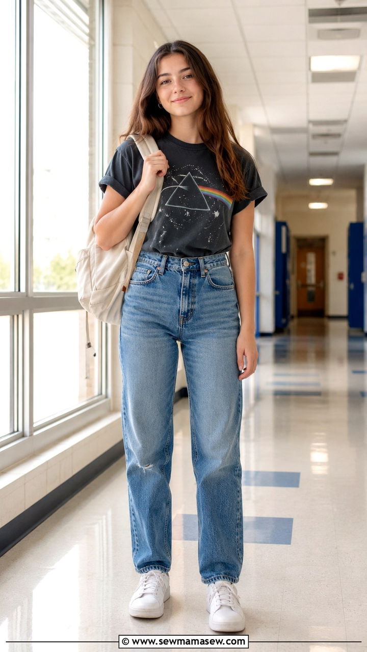 School Outfit with High Waisted Jeans and Graphic Tee - 30 School outfit ideas with jeans