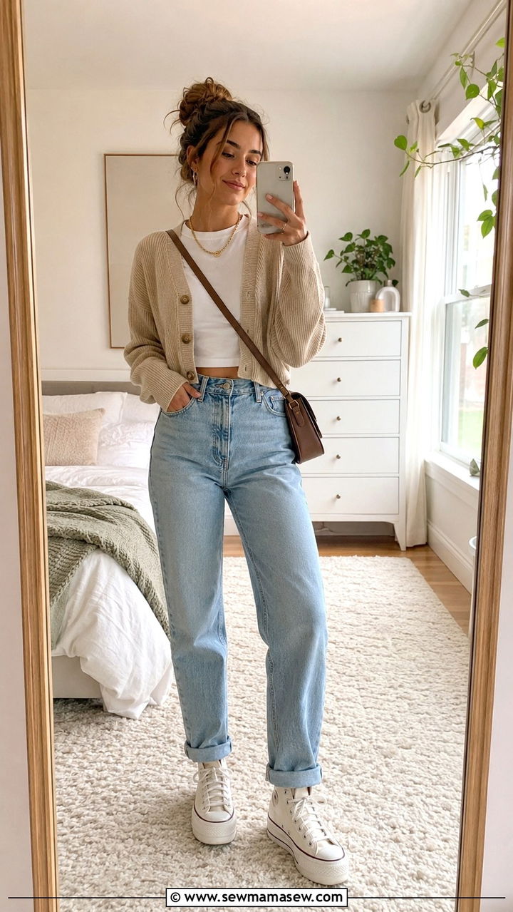 School Outfit with Mom Jeans and Cropped Cardigan - 30 School outfit ideas with jeans