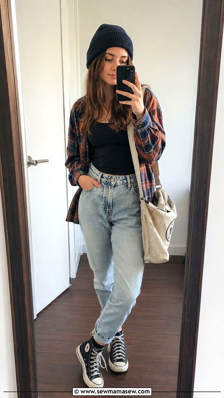 School Outfit with Mom Jeans and Plaid Shirt - 30 School outfit ideas with jeans
