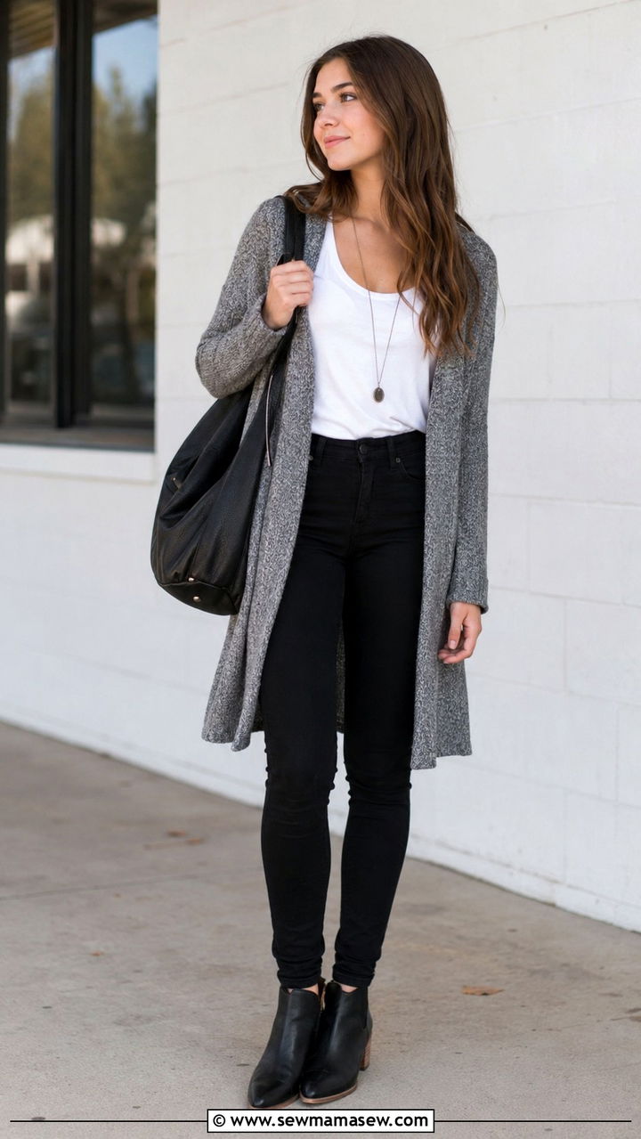 School Outfit with Skinny Jeans and Long Cardigan - 30 School outfit ideas with jeans