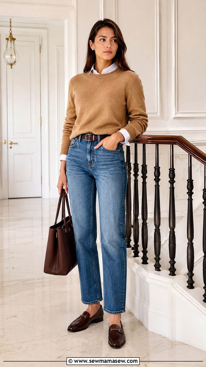 School Outfit with Straight Leg Jeans and Cashmere Sweater - 30 School outfit ideas with jeans