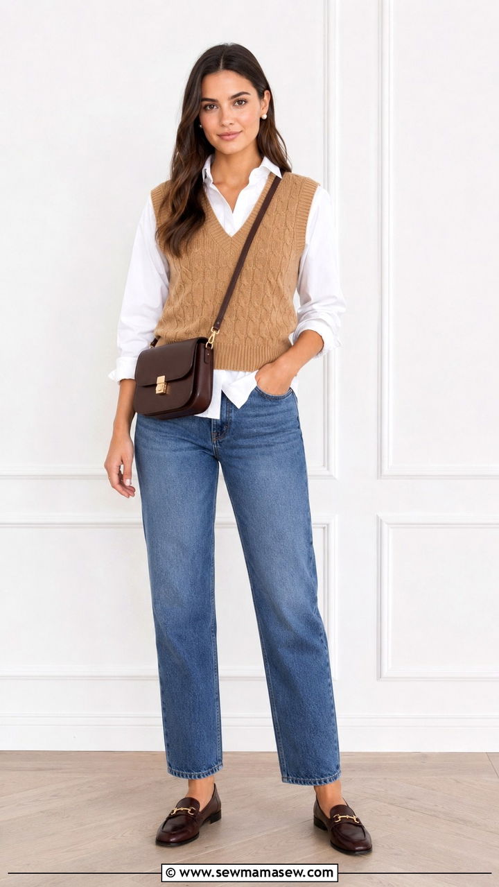 School Outfit with Straight Leg Jeans and Knit Vest - 30 School outfit ideas with jeans
