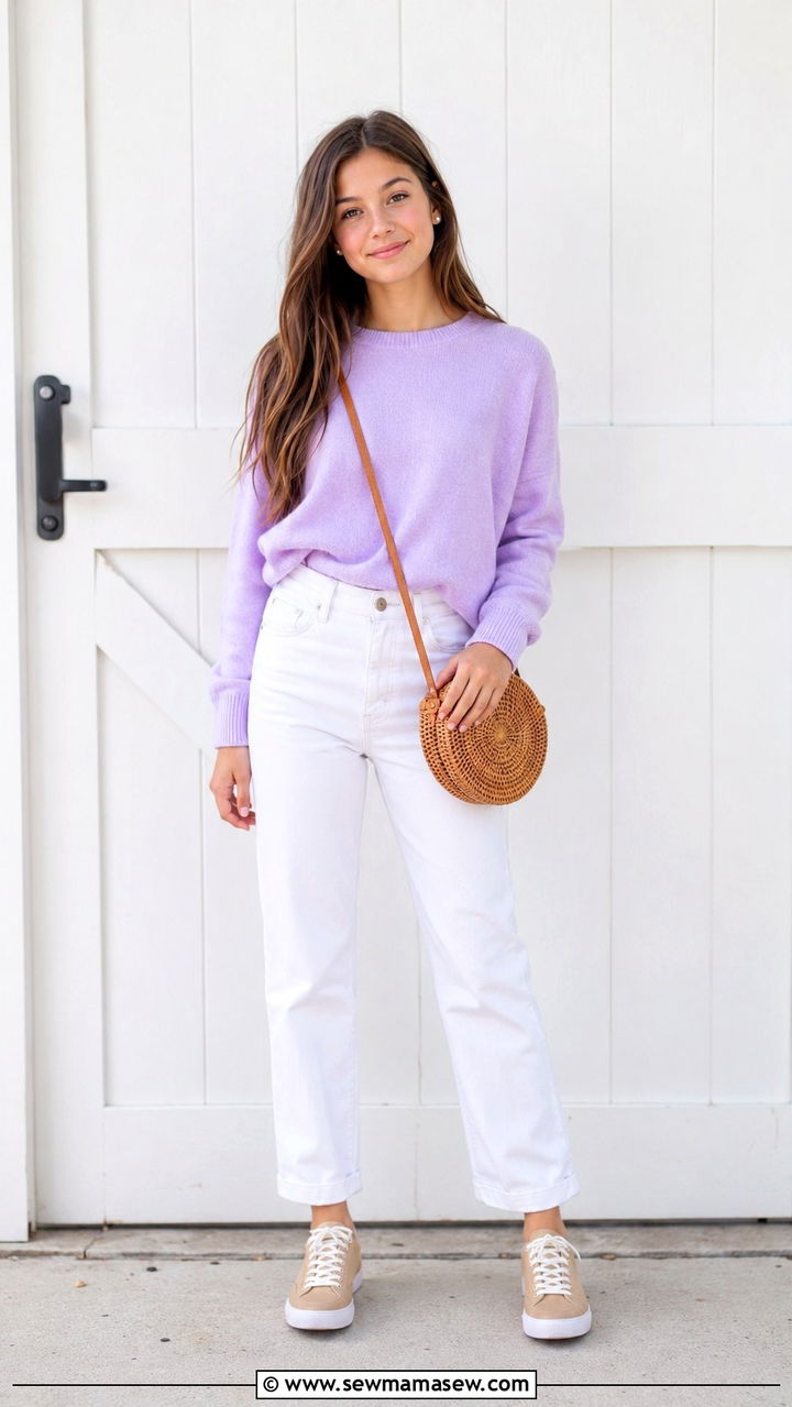 School Outfit with White Jeans and Pastel Sweater - 30 School outfit ideas with jeans