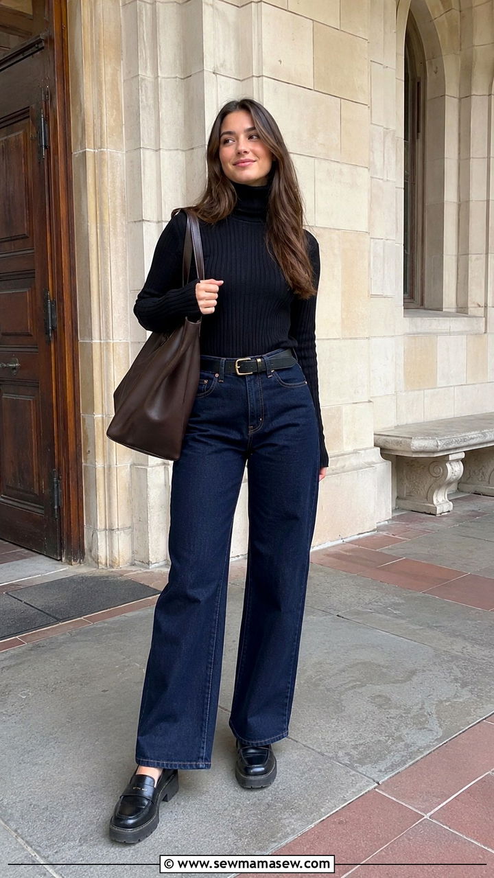 School Outfit with Wide Leg Jeans and Chunky Loafers - 30 School outfit ideas with jeans