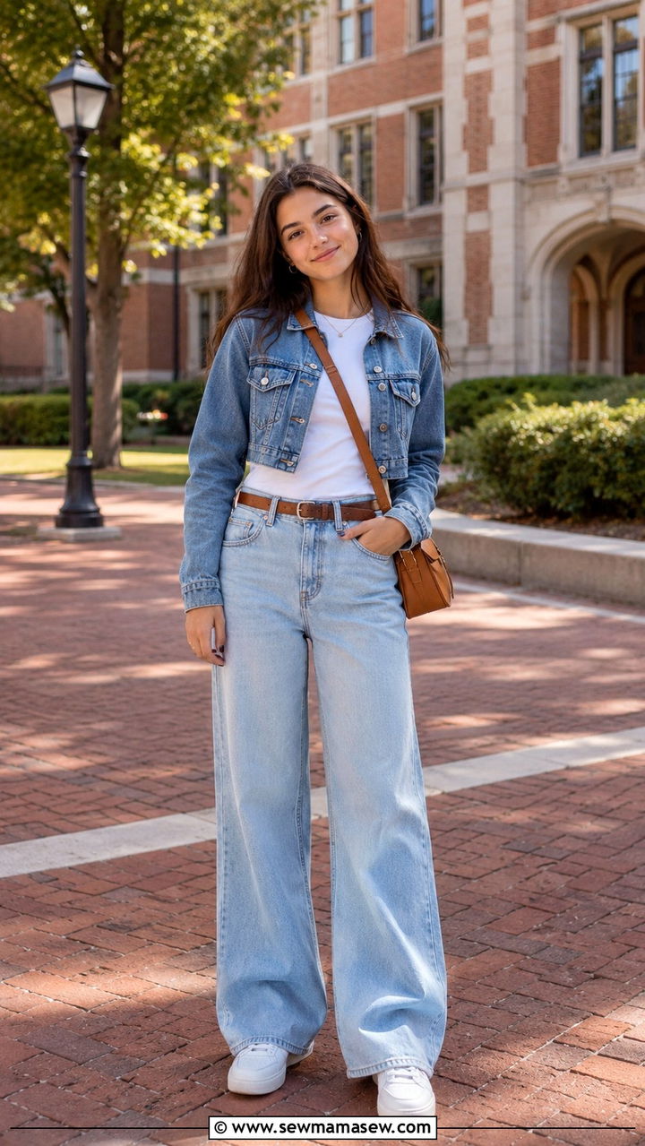 School Outfit with Wide Leg Jeans and Denim Jacket - 30 School outfit ideas with jeans