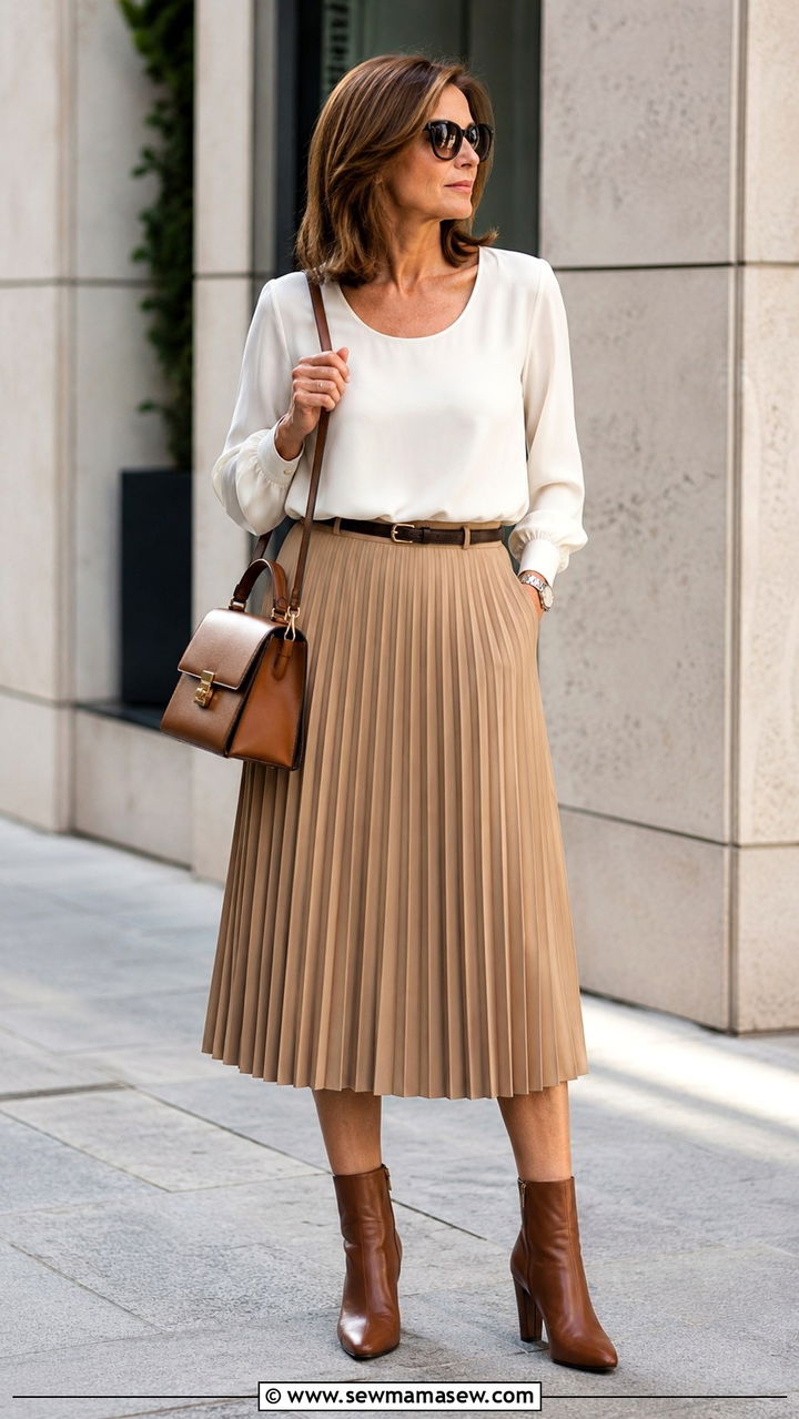 Scoop Neck Blouse With Pleated Midi Skirt Outfit - 20 Outfit ideas for inverted triangle over 40