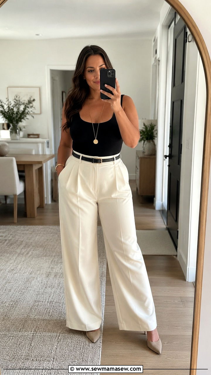 Scoop Neck Bodysuit With High Waisted Wide Leg Trousers - 25 Outfit ideas for curvy upper body