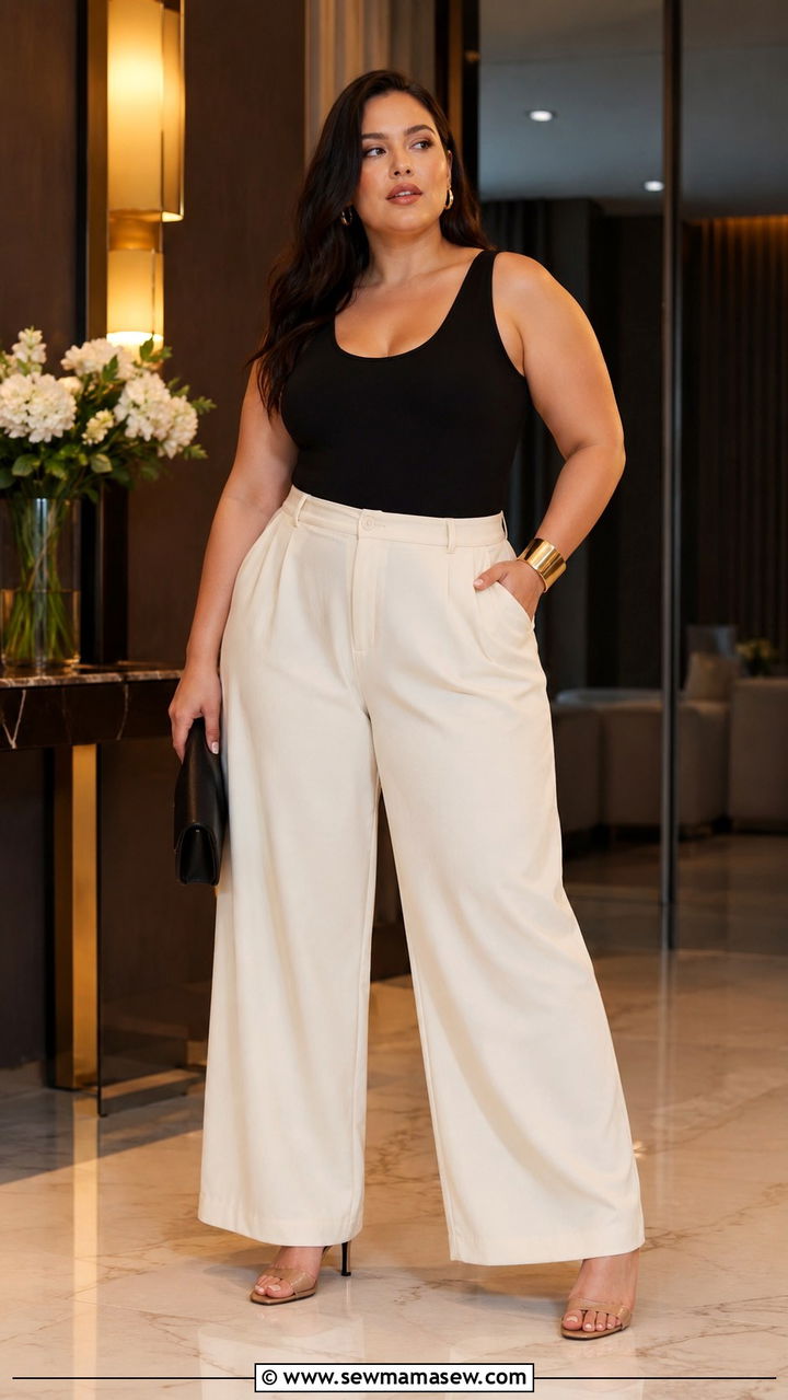Scoop Neck Bodysuit With Wide Leg Trousers - 25 Outfit ideas for pear shape plus size