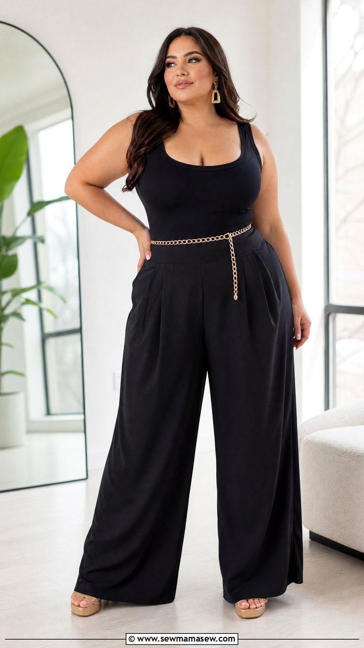 Scoop Neck Bodysuit and Palazzo Pants Big Bust - 25 Outfit ideas for big bust plus size
