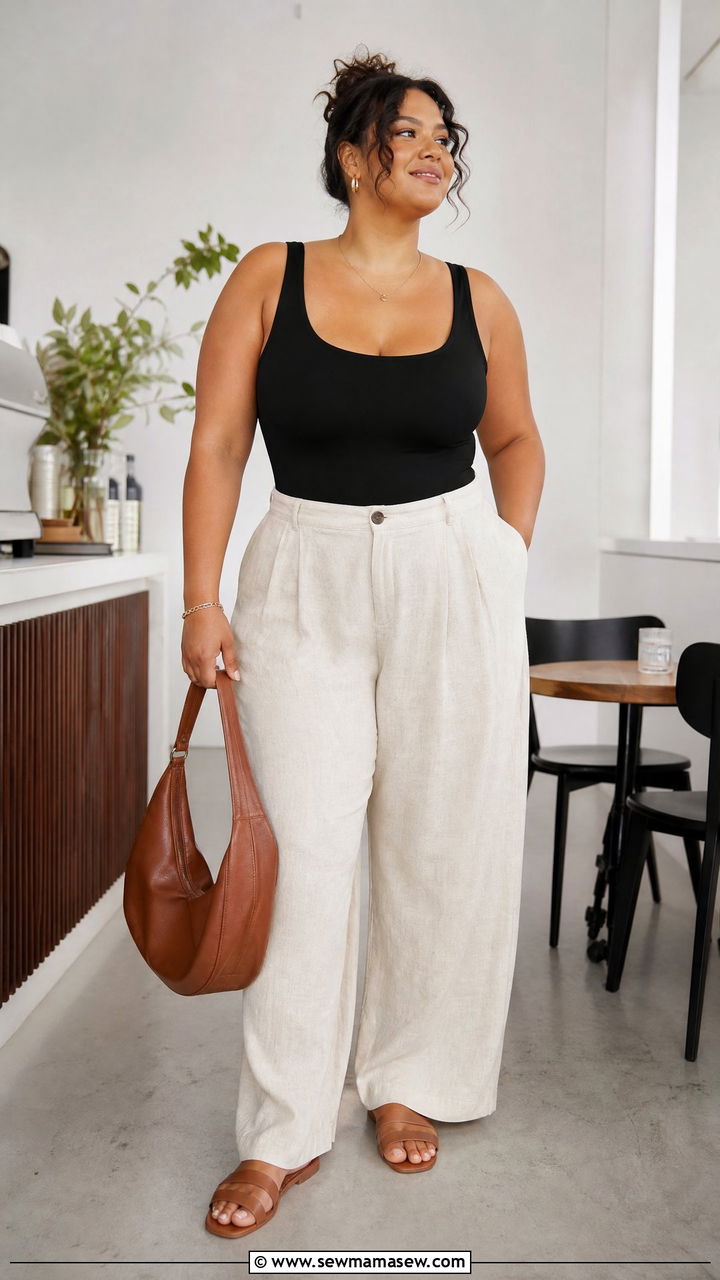 Scoop Neck Bodysuit with Linen Wide Leg Pants - 25 Outfit ideas for big bust summer