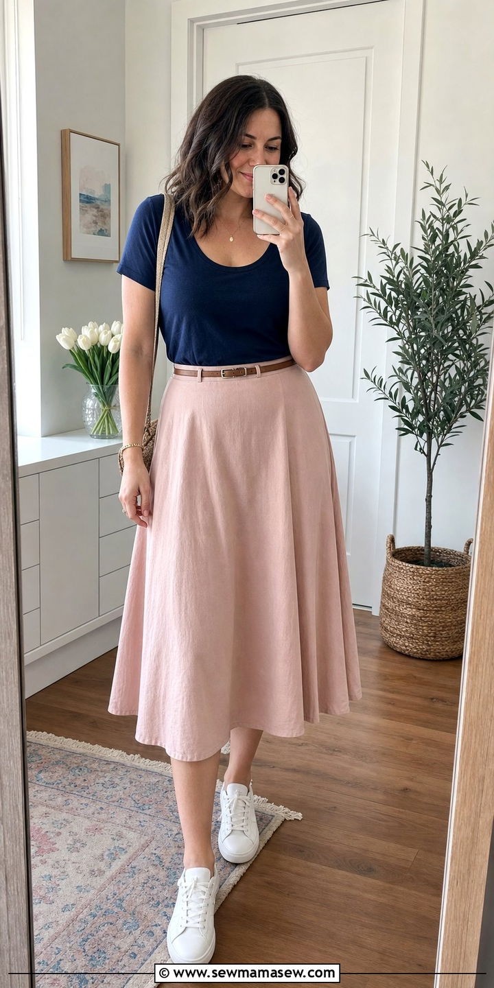 Scoop Neck Tee With A Line Midi Skirt Spring Outfit - 25 Spring outfits for inverted triangle shape