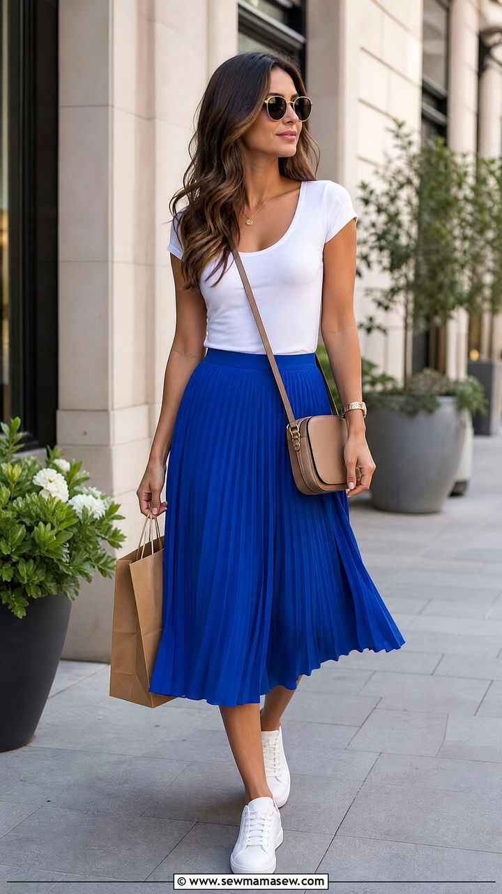 Scoop Neck Tee and Pleated Skirt Outfit - 30 Summer outfits with pleated skirts
