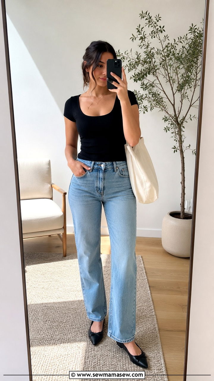 Scoop Neck Top With Straight Leg Jeans - 25 Petite outfit ideas with short torso