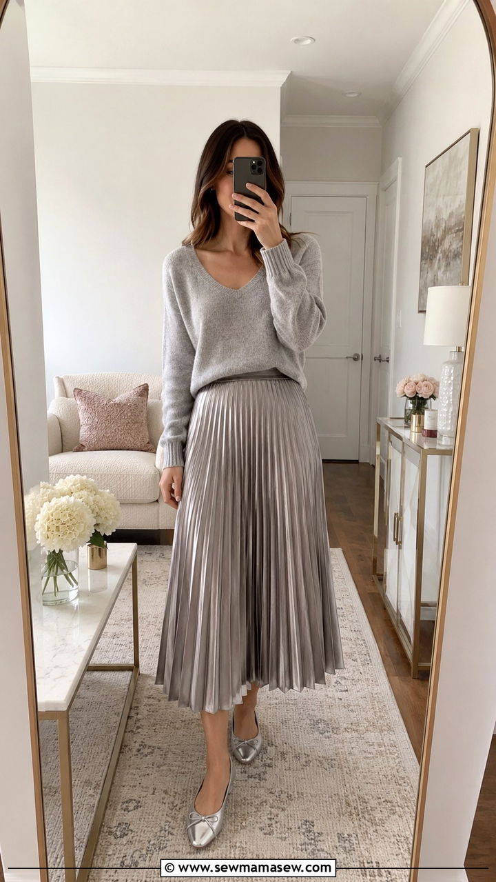 Scoop neck sweater with pleated midi skirt outfit - 30 Outfit ideas for athletic body