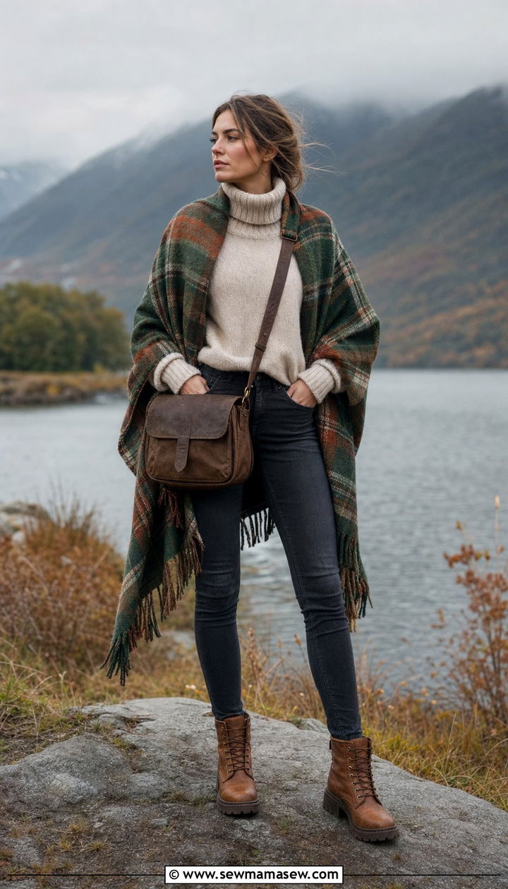 Scottish Highlands Plaid Wool Wrap and Ankle Boots - 25 Europe travel outfits inspo
