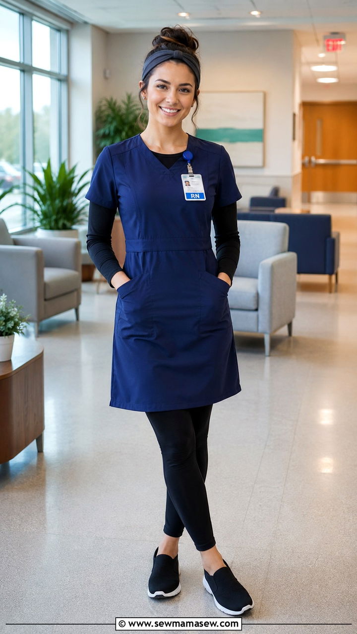 Scrub Dress With Cotton Leggings And Slip On Sneakers - 20 Nicu nurse outfit ideas