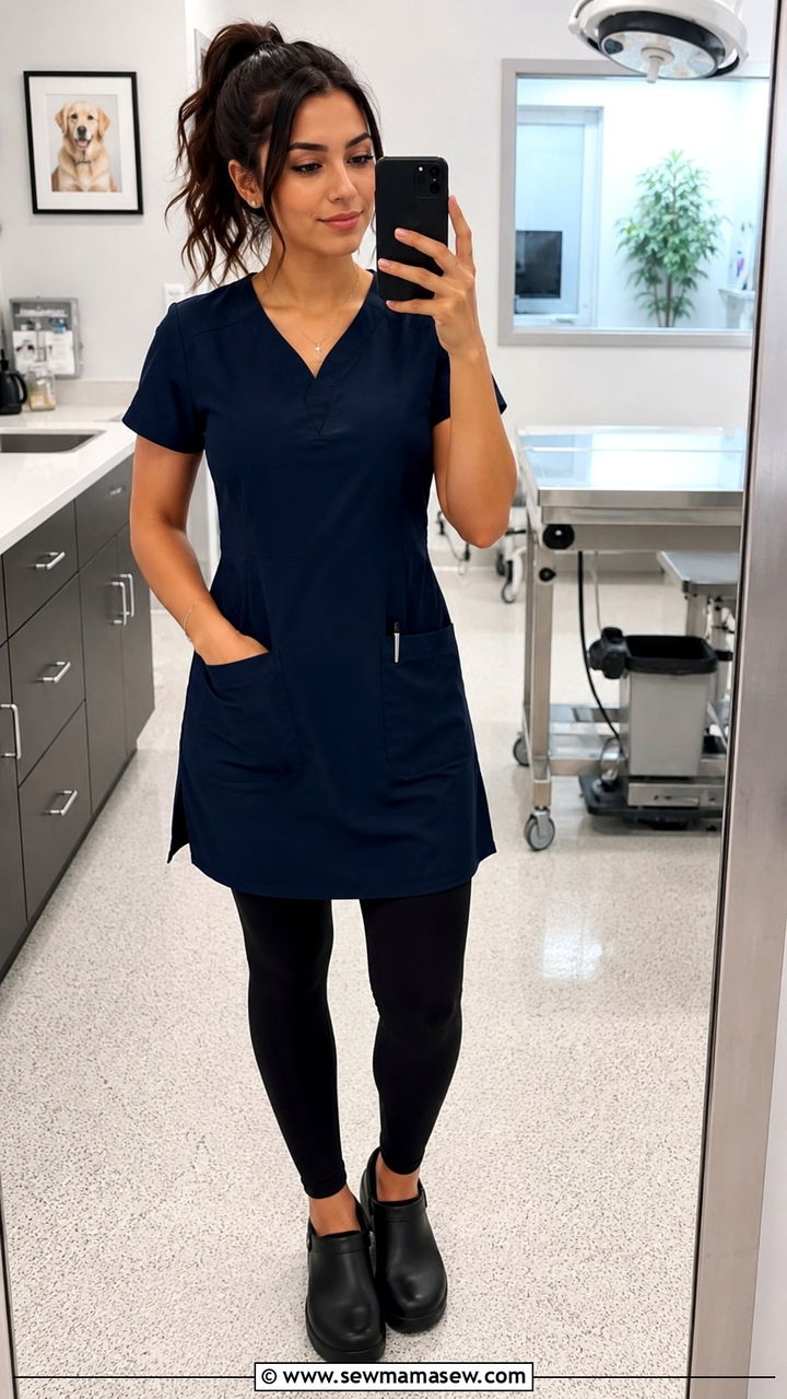 Scrub Dress With Leggings And Clogs - 25 Veterinarian outfit ideas