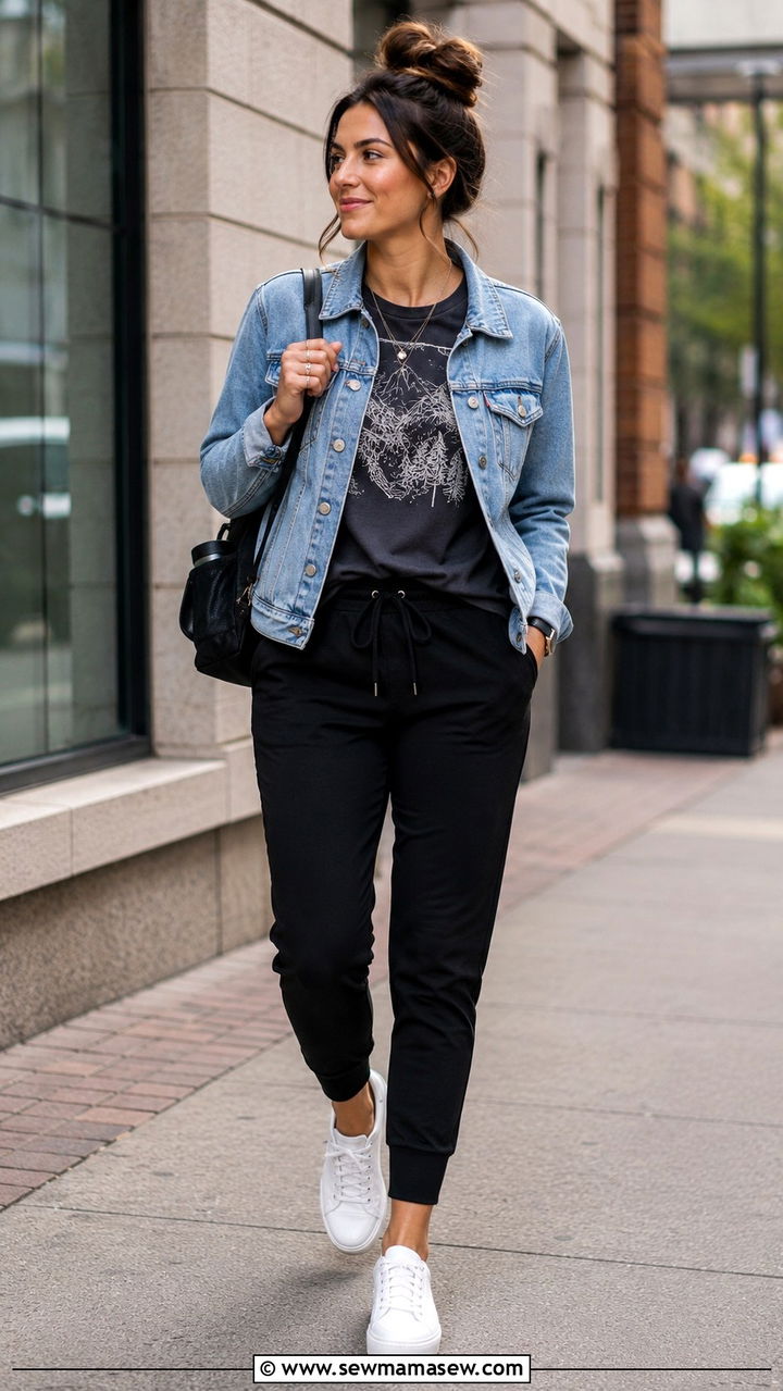 Scrub Pants With A Graphic Tee And Denim Jacket - 25 Travel nurse outfit ideas