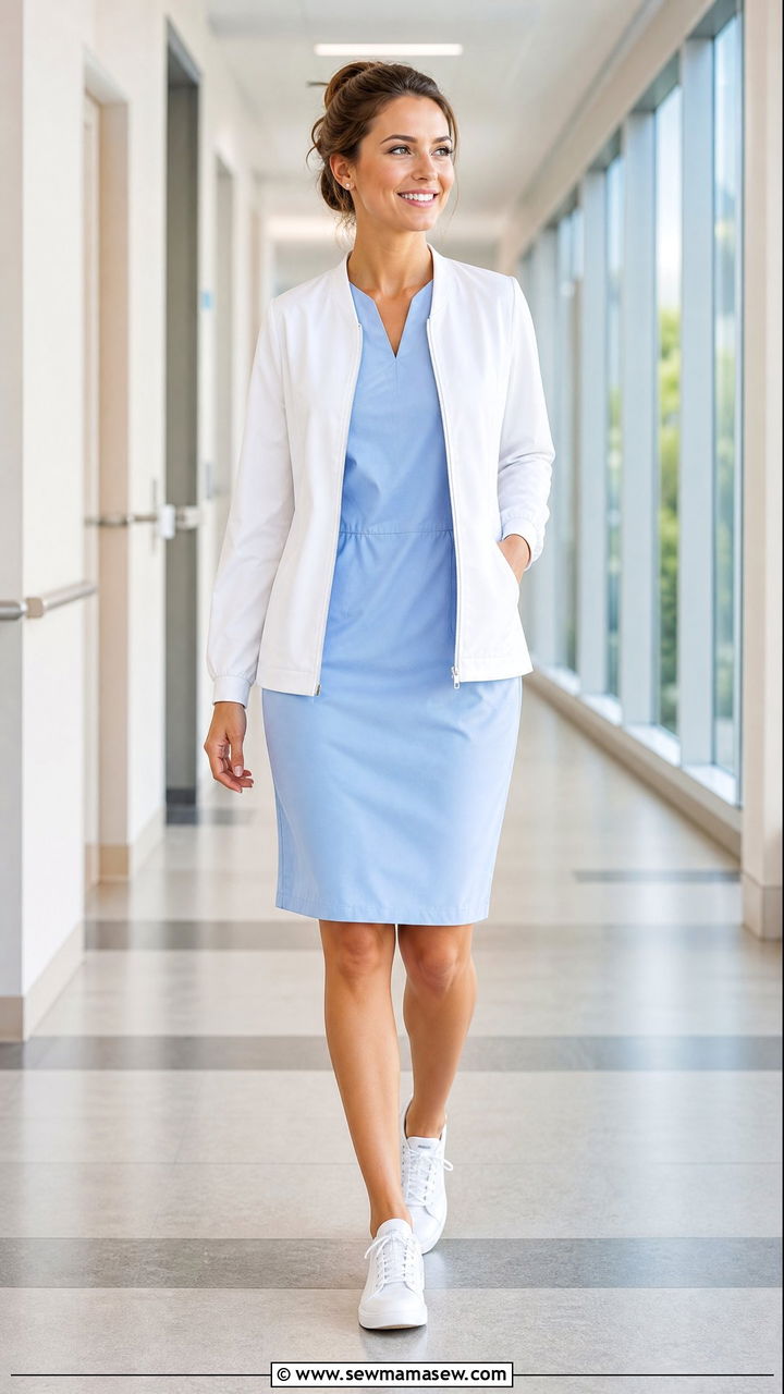 Scrub dress with lightweight zip jacket - 30 Summer outfit ideas for nurse