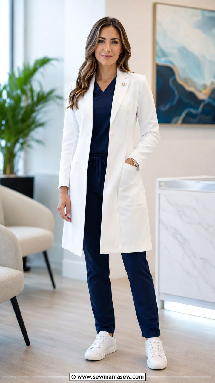 Scrubs Under a Tailored White Lab Coat Outfit - 30 Scrubs outfit ideas for nurses