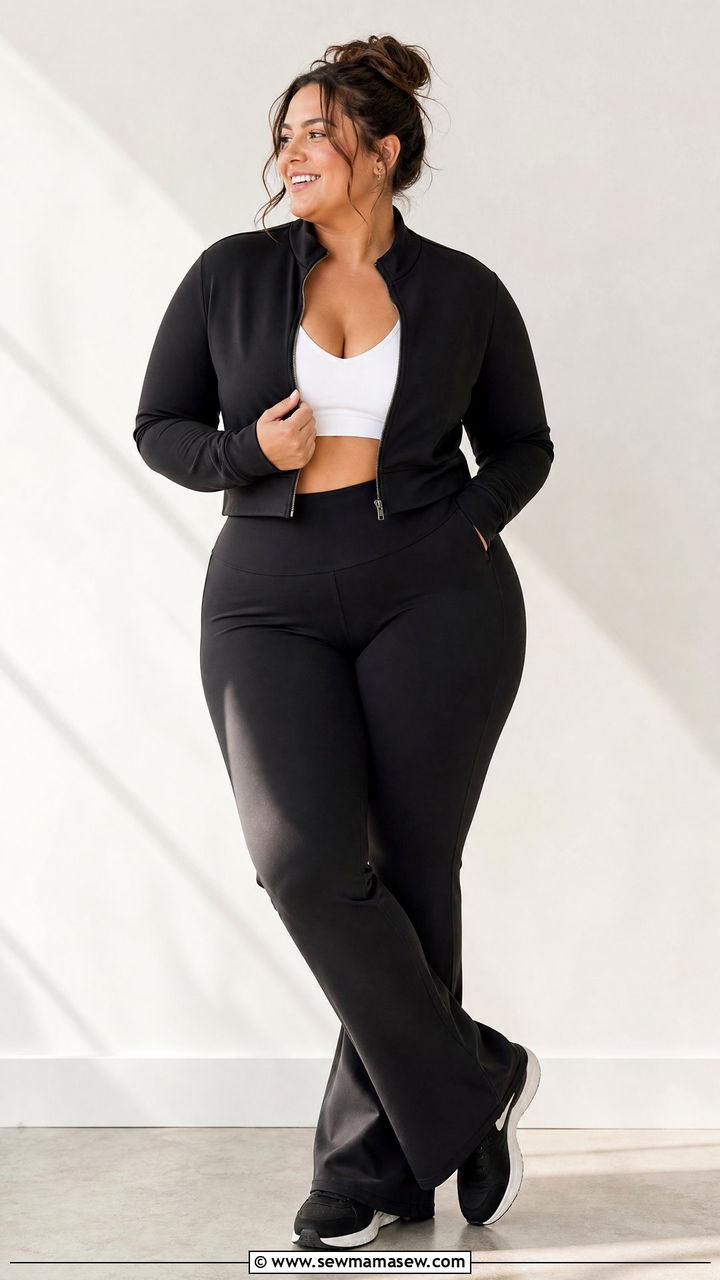 Scuba Jacket and Flared Leggings - 30 Pilates outfit ideas plus size